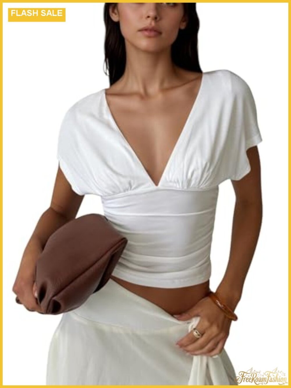 Deep V Neck Crop Wrap Top Short Sleeve Slim Fit Blouse Summer Going Out